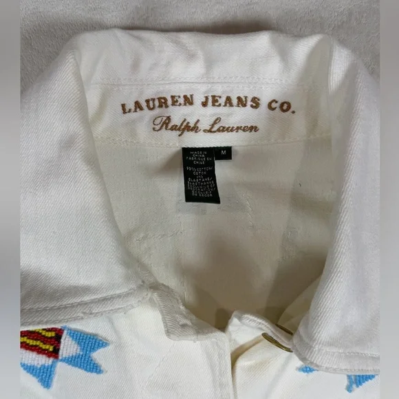 Women’s Polo Ralph Lauren White Jean Jacket Western Southwest Embroidered Bead - Picture 4 of 11